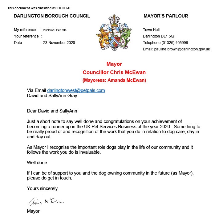 A letter from the Mayor of Darlington to David and SallyAnn Gray